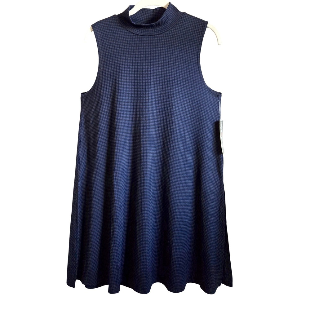 Eye Candy Whimsygoth Women 1X Navy Blue Black Micro Check‎ Sleeveless Mini Dress